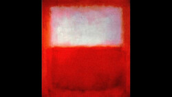 Abstract composition with horizontal bands of red, white, and pink tones creating a minimalist color field study.