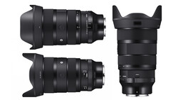 Three black camera lenses displayed from different angles, showing optical elements and lens hoods.