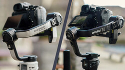 Side-by-side comparison of two camera gimbal stabilizers mounted on tripods, labeled Cinebeer and Weebill.