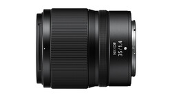 Nikon Z 35mm f/1.4 lens with ribbed focus ring and depth-of-field markings, photographed against white background.