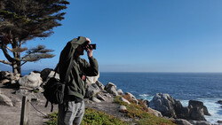 Photographer with camera and backpack on coastal rocks overlooking the ocean.