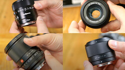 Four compact camera lenses displayed in hands against a wooden surface, showing various focal lengths and aperture designs.