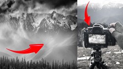Split-screen comparison of dramatic mountain landscape and camera LCD screen displaying the same scene.