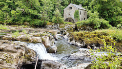 Stone mill building beside a cascading river with moss-covered rocks and dense forest backdrop.