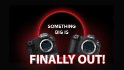 Graphic showing two Canon cameras flanking a glowing red circular halo with text announcing a major product release.