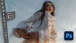 Screenshot of Photoshop interface showing a portrait with double-exposure effect blending a woman's face with landscape imagery.