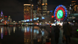 Illuminated Ferris wheel reflected in still water at night with blurred city skyline behind it.