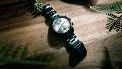 Black stainless steel watch with white dial and metal band positioned diagonally on wooden surface surrounded by green fern leaves.