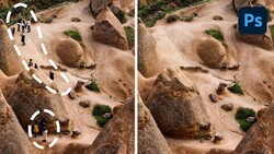Before and after comparison of aerial photograph showing removal of people and movement paths from rocky terrain.