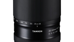 Tamron 28-75mm f/2.8 zoom lens with black barrel and ribbed texture against white background.