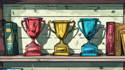 Illustration of three trophy cups in red, gold, and blue displayed on a shelf with books.