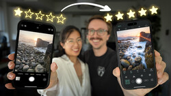 Two people holding smartphones displaying landscape photography with coastal rock formations and water scenes.