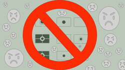Illustration of a prohibition symbol over camera controls and angry face emoticons.