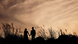 Two people silhouetted against a dramatic golden sky, holding hands while standing among tall marsh grasses.