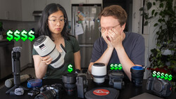 Two photographers reviewing camera gear and lenses displayed on a table with dollar sign overlays.