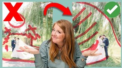 Woman gesturing toward wedding photo examples with red checkmark and X marks overlaid.