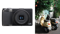 Ricoh GR camera next to a photo of parked scooters on a Mediterranean street.
