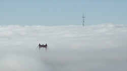 Golden Gate Bridge towers emerging from dense fog with a communications tower visible in the background.