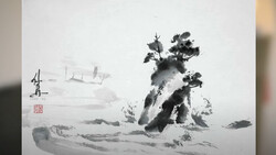 Ink wash painting of a gnarled tree on rocky terrain with distant mountains and architecture in misty background.