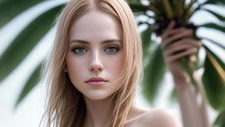 Portrait of a young woman with long blonde hair and blue eyes against tropical foliage.