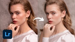 Before and after portrait comparison showing Lightroom color grading adjustments on a woman's headshot.