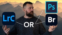 Bearded man gesturing toward three software logos: Lightroom Classic, Photoshop, and Bridge, with 'OR' text in the center.