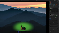 Screenshot of photo editing software showing a composite image of an illuminated church with green glow effect against mountain landscape at sunset.
