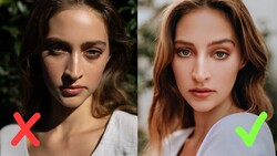 Side-by-side portrait comparison showing before and after editing of a female subject's face.