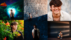 Six portrait photographs of a young man in various outdoor and studio settings with different lighting and backgrounds.