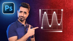 Man pointing at a curves adjustment graph displayed on screen alongside Photoshop logo.
