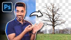 Photoshop tutorial graphic showing a man in a blue polo shirt gesturing toward a bare tree in a landscape with a transparent background.
