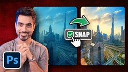 Screenshot showing Photoshop interface with cityscape image editing and Snap tool demonstration.