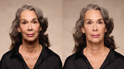 Side-by-side portrait comparison showing subtle differences in facial lighting and skin texture on a neutral beige background.