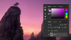 Rocky sea stacks silhouetted against a magenta and orange sunset sky, with a color adjustment panel open in editing software.