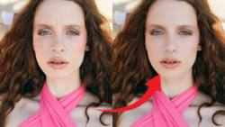 Side-by-side comparison of portrait retouching techniques on a woman with wavy brown hair.