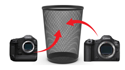 Illustration showing two Canon cameras with arrows pointing to a trash bin, symbolizing camera depreciation or obsolescence.