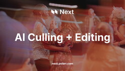 Screenshot of Next.Polarr.com website featuring AI Culling + Editing feature with blurred party scene background.