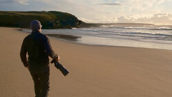 Person in dark jacket walking across sandy beach toward rolling waves with green headland in background.