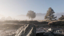 Misty landscape with trees and large boulders in foreground along a stream.