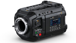 Professional digital cinema camera with large touchscreen interface and extensive control buttons.