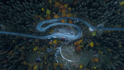 Aerial view of a winding mountain road cutting through dense forest with scattered autumn foliage.