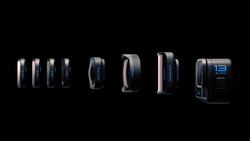 Product lineup of seven camera accessories displayed in profile view against a black background.