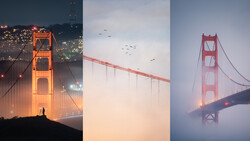 Golden Gate Bridge illuminated at night with city lights in background, foggy conditions, suspension bridge towers glowing orange.