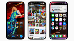 Screenshot showing three iPhone home screens displaying photos app, lock screen, and home screen layouts.