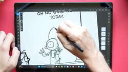 Screenshot of digital drawing software showing a stick figure character with text "OH NO GUS IS TODAY" being sketched with a stylus.