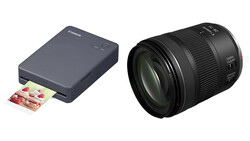 Canon portable photo printer and RF-mount telephoto zoom lens displayed side by side.