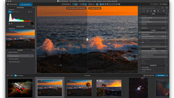 Screenshot of photo editing software displaying a coastal sunset image with waves and rocky shoreline in warm orange tones.
