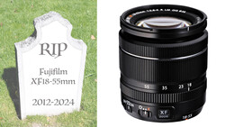 Gravestone with RIP and Fujifilm XF18-55mm lens dates 2012-2024 next to product photo of the lens.