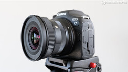 Canon EOS R7 mirrorless camera with Sigma 16mm f/2.8 lens mounted on a tripod head.