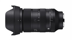 Black telephoto zoom lens with hood attached, viewed from the side against a white background.